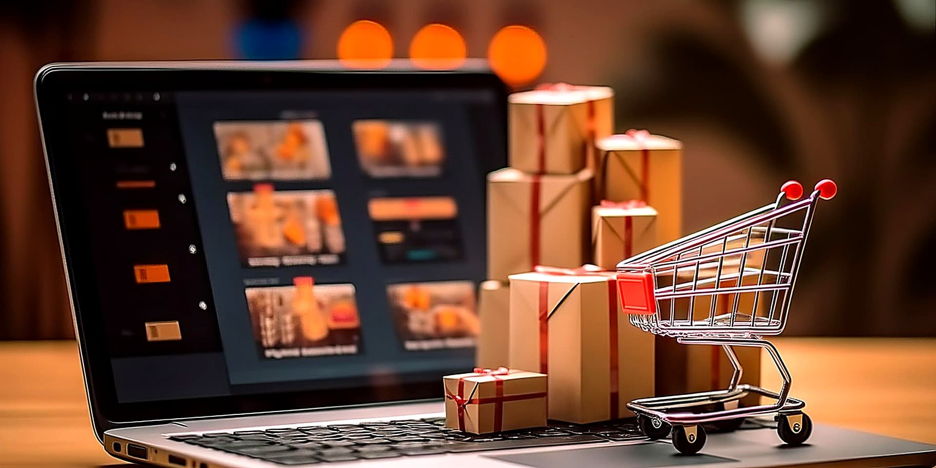 Achat en ligne depuis un ordinateur portable, avec panier et colis