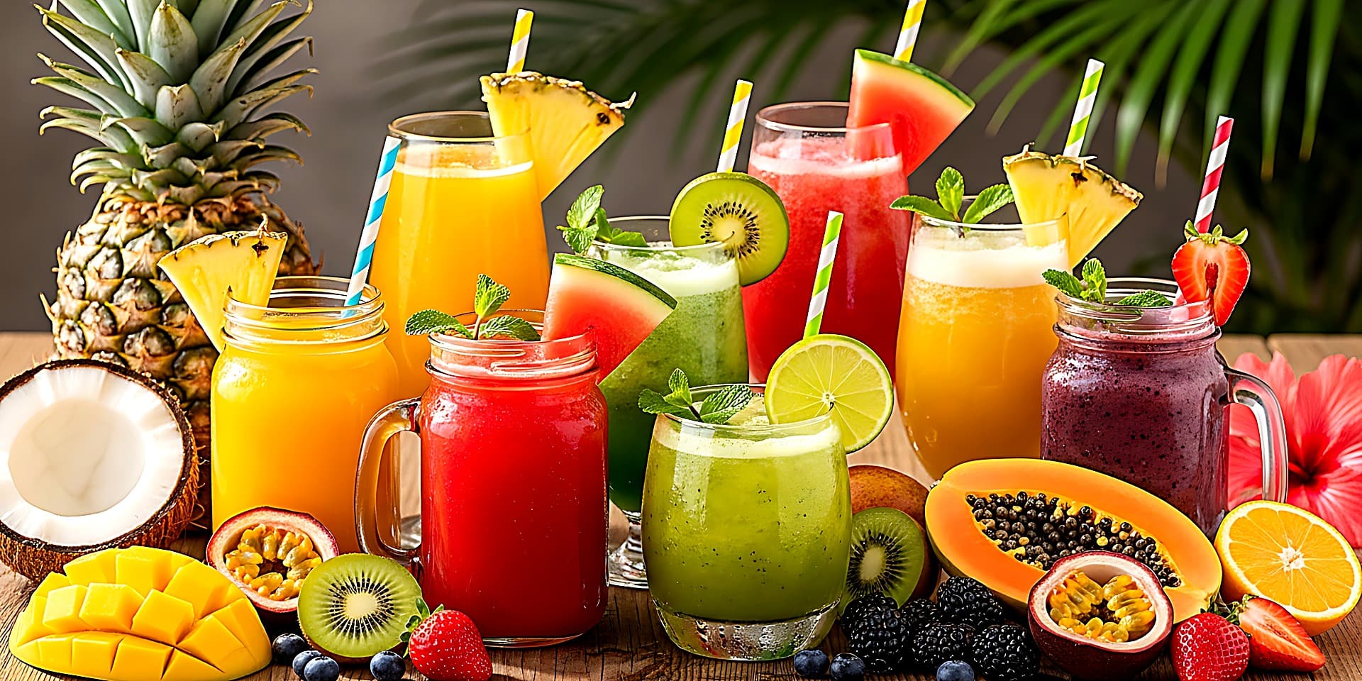 Assortiment de jus de fruits frais entourés de fruits